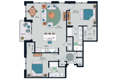 Floor plan for 2 beds, 2 baths, 1436 sqft